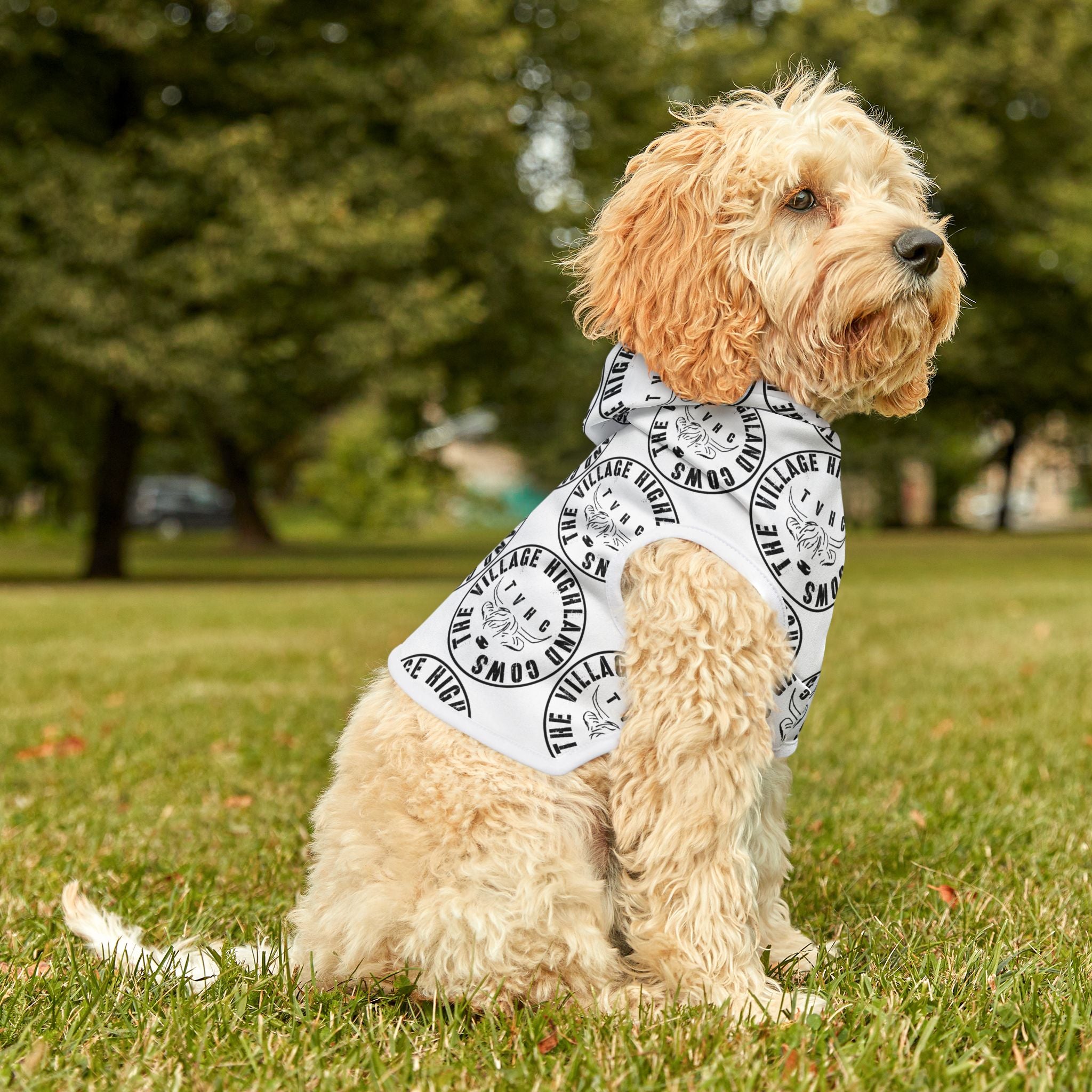 TheVillageHighlandCows Dog Hoodie (Black Logo)